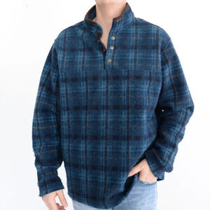 John Wayne Navy Blue Half  Button Flannel Pullover Sweater ~Large